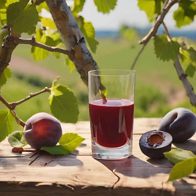Photo un verre de liquide rouge est assis sur une table à côté d'un prune