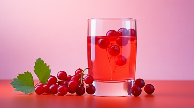 un verre de liquide rouge avec une feuille verte et une feuille verte.