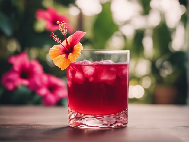 Photo un verre de liquide rouge avec une fleur sur le côté.