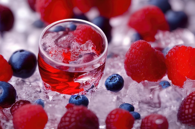 Un verre de liquide rouge avec des myrtilles et des framboises sur de la glace.