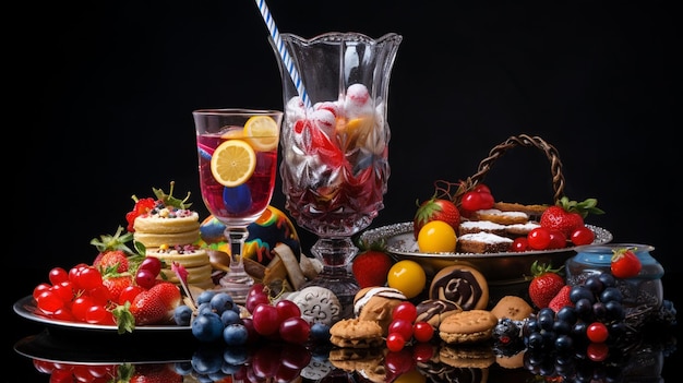 Photo verre avec liquide et tube près de biscuits bonbons baies et cadeaux