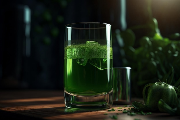 Un verre de liquide vert contenant un liquide vert.