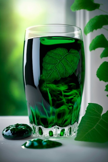 Un verre de liquide vert avec une feuille verte dedans.
