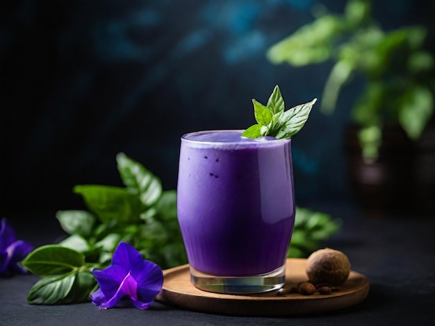 un verre de liquide violet est placé sur un plateau avec une fleur violette