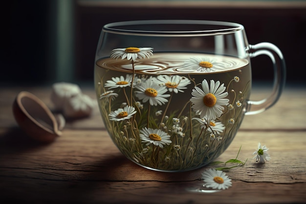 Un verre de marguerites est posé sur une table avec une tasse de thé.