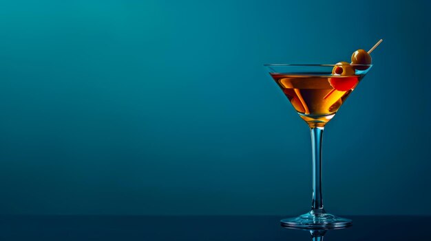 Un verre de martini avec un cocktail et une olive sur un fond bleu