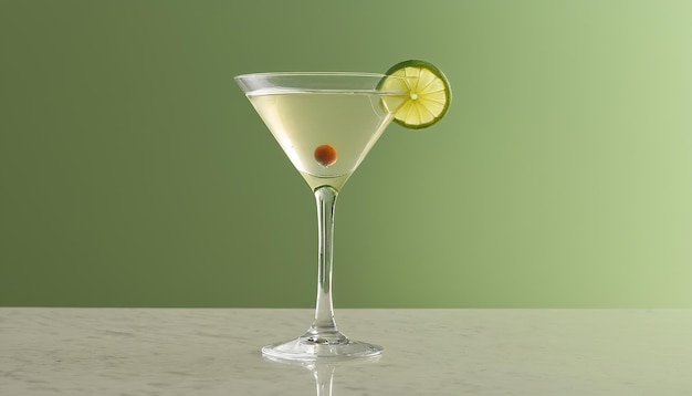 un verre de martini avec un coin de citron et un coin de lit sur le côté