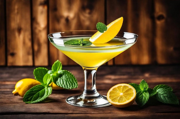 un verre de martini avec des coins de citron et des feuilles de menthe