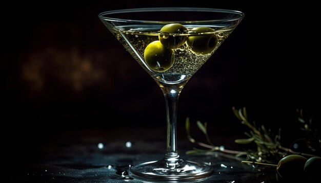 Un verre à martini luxueux avec une olive verte et un citron généré par AI