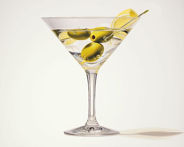 Un verre à martini avec des olives et des olives dedans.