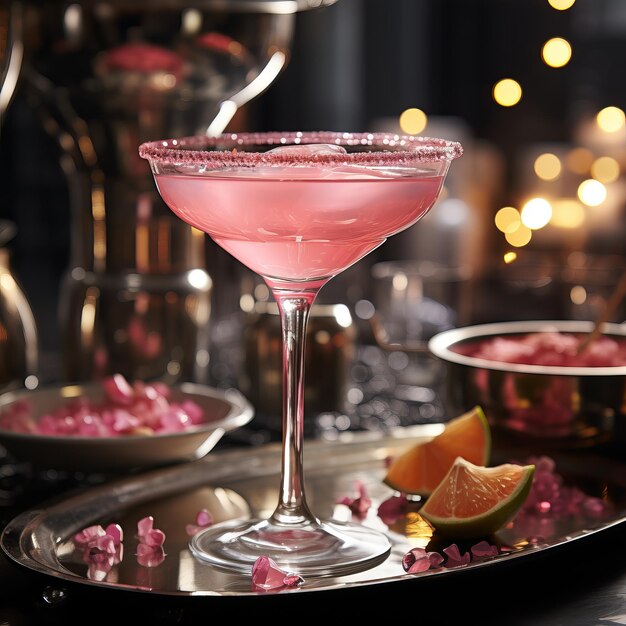 un verre de martini rose Beau décor dans le style de Barbie Doux dessert alcoolisé décoré