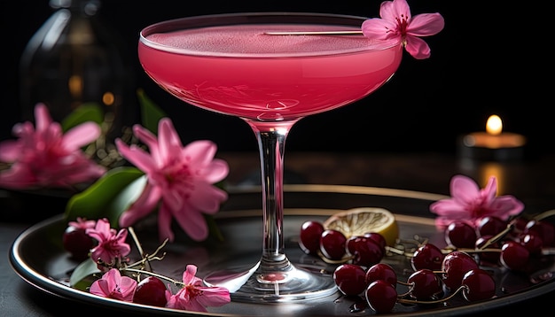 un verre de martini rose avec une fleur sur le côté