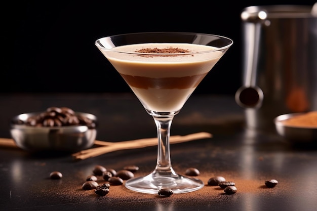 Un verre à martini Tini Espresso Martini et une bouteille d'espresso sur fond sombre