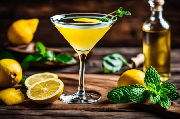 un verre de martini avec des tranches de citron et des feuilles de menthe sur une table en bois