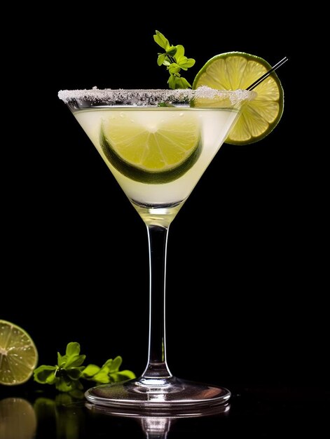 un verre de martini avec des tranches de citron vert et des tranches d'acide citrique sur un fond noir