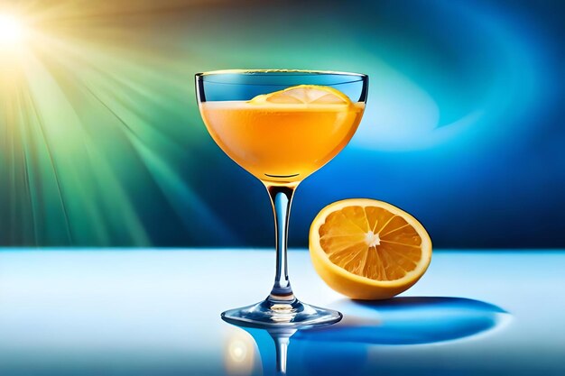 Photo un verre à martini avec des tranches d'orange et une demi-orange sur fond bleu.