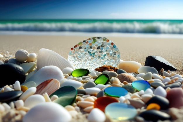 Verre de mer et coquillages sur la plage l'océan en arrière-plan