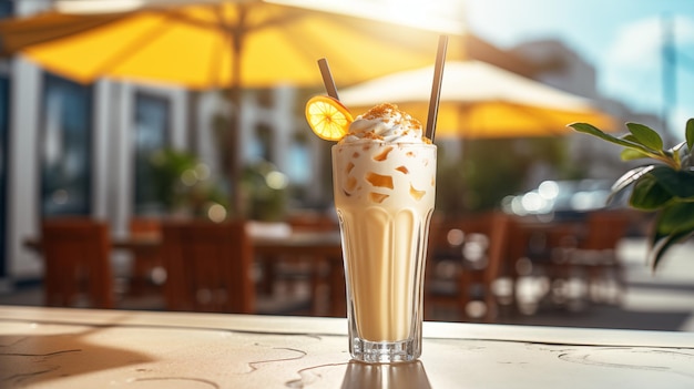 Un verre de milk-shake aux fruits avec de la crème sur le dessus debout sur une table à l'extérieur dans un restaurant