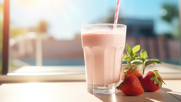 Un verre de milk-shake frais avec des fraises sur une table à l'intérieur