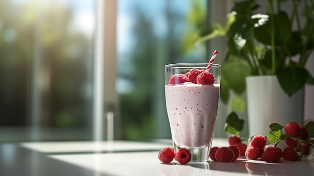 Un verre de milk-shake avec des framboises sur une table à l'intérieur