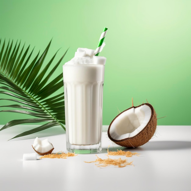 Verre de milk-shake à la noix de coco avec des tranches de noix de coco fraîches Generative AI