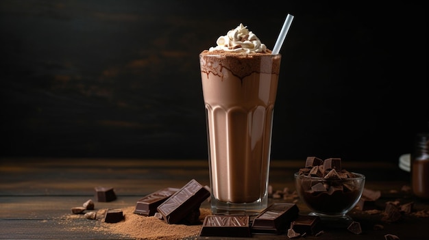 Un verre de milkshake au chocolat avec une paille dedans.