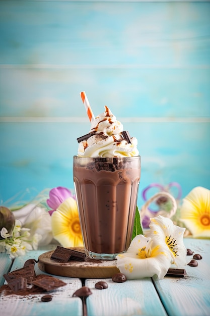 Un verre de milkshake au chocolat avec une paille et une paille rayée.