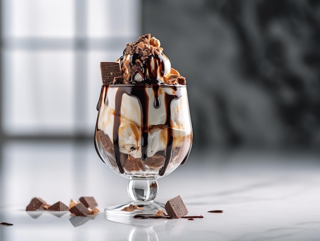 Un verre de milkshake au chocolat avec une sauce au chocolat et une sauce au caramel.