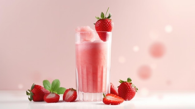 Un verre de milkshake aux fraises avec un fond rose