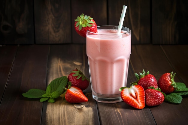 Un verre de milkshake aux fraises avec des fraises sur une table en bois.