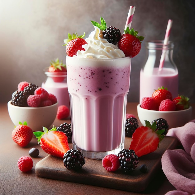 Un verre de milkshake avec de la crème fouettée et des mûres milkshake à la fraise milkshake à la framboise