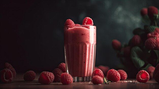 Un verre de milkshake à la framboise avec un fond sombre