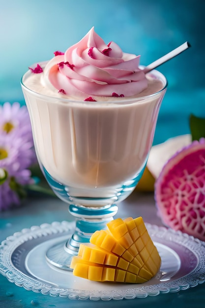 Un verre de milkshake à la mangue avec un glaçage rose sur le dessus.