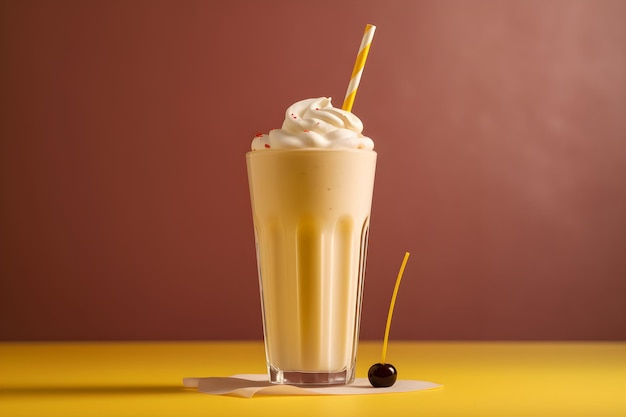 Un verre de milkshake avec une paille et une cerise sur le dessus