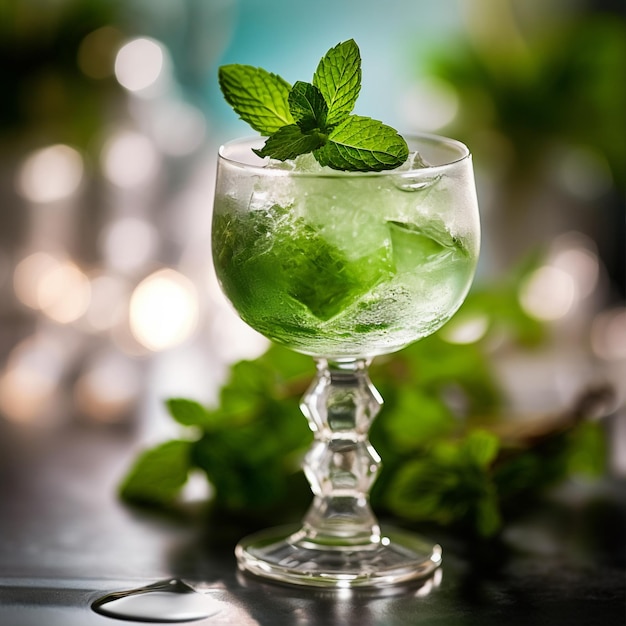 Un verre de mint julep est rempli de glace et d'une feuille de menthe.