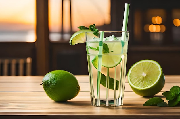 Un verre de mojito au citron vert avec une paille sur une table en bois.