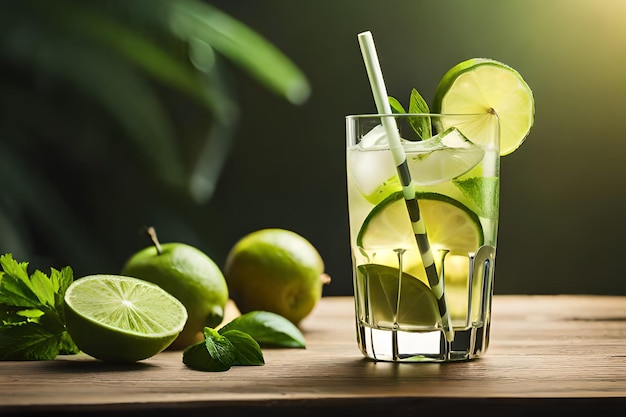 Un verre de mojito avec des citrons verts et des citrons verts sur une table