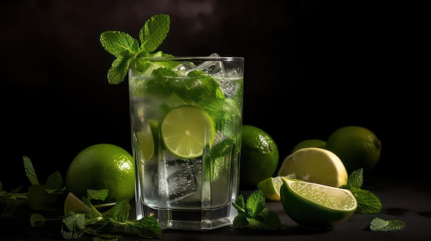 Un verre de mojito avec des citrons verts et des feuilles de menthe sur fond noir