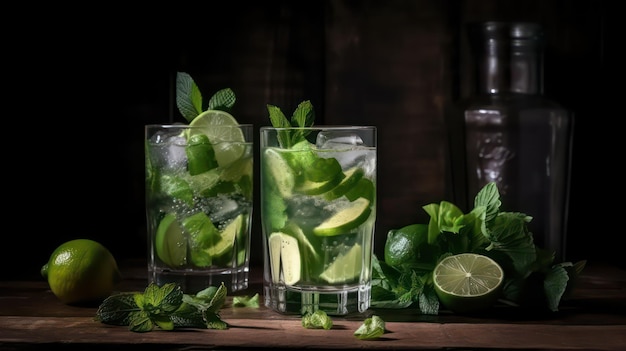 Un verre de mojito avec des citrons verts et des feuilles de menthe sur une table en bois.