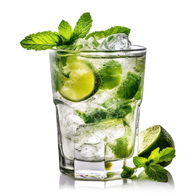 Un verre de mojito sur un fond blanc IA générative