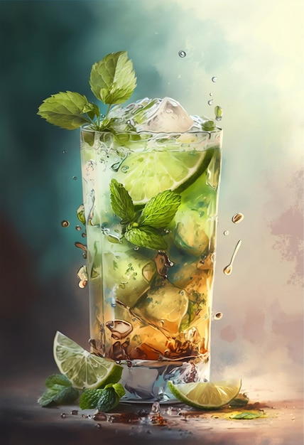 Un verre de mojito avec des glaçons et un peu d'eau.