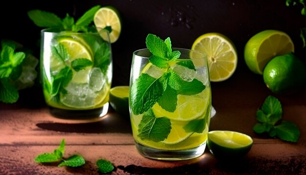 Un verre de mojito à la menthe avec des citrons verts sur fond sombre.