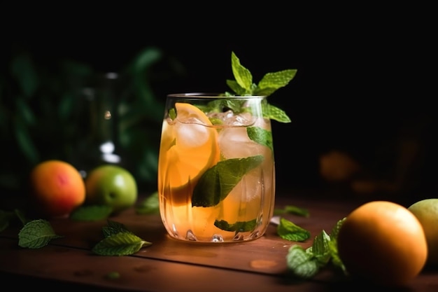 Un verre de mojito orange avec des feuilles de menthe sur une table en bois