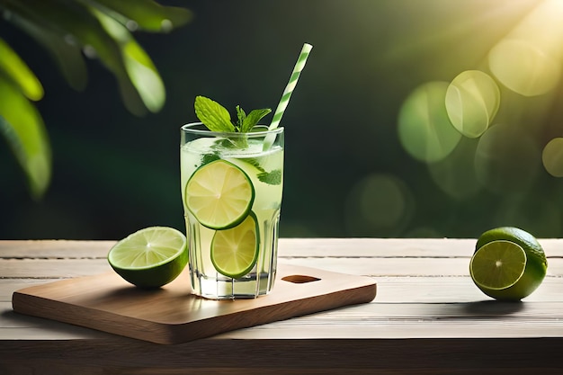 Un verre de mojito avec une paille et de la chaux sur une table en bois.