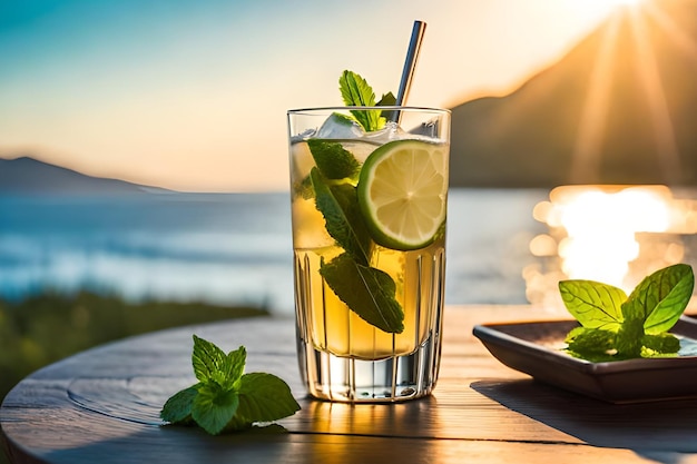 Un verre de mojito avec une paille à côté.