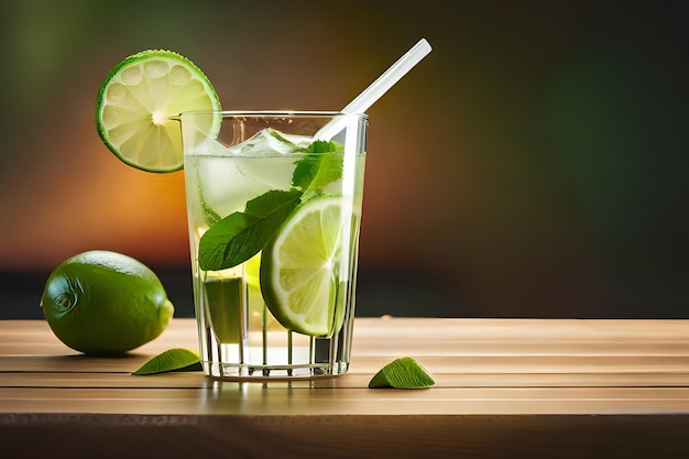 Un verre de mojito avec une paille sur une table en bois.