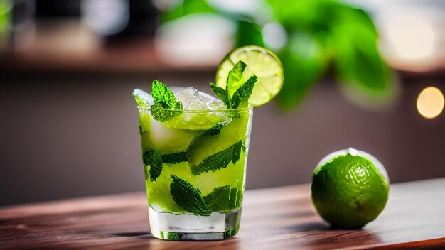 Un verre de mojito sur une table en bois avec un citron vert à côté