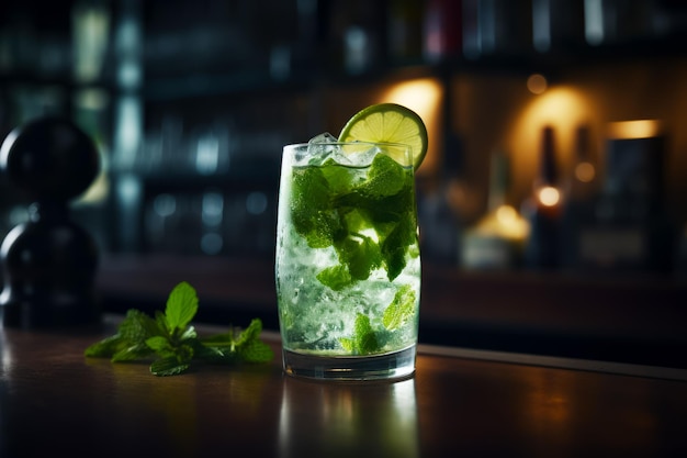 Verre de mojito avec une tranche de citron vert sur le bord du verre Generative AI