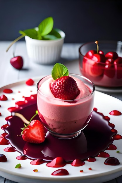 Un verre de mousse aux fraises avec une fraise sur le dessus