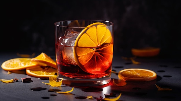Un verre de negroni avec une tranche d'orange sur le bord repose sur une surface sombre.